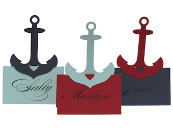 Cartes de placement ancre - décoration de mariage nautique rouge marine, marque-place marin de plage, réception classique de marin
