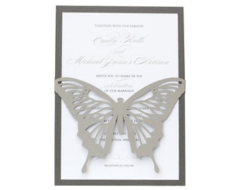 Butterfly Wedding Invitations - beautiful, laser cut, gray, monarch, wedding invites, cutout, wrap design with customizable colors