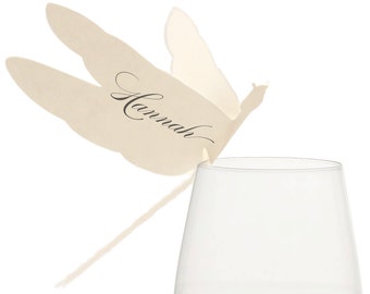 Dragonfly Place Cards - wine, ivory, cream, escort card, table number, name tag, table decor, wedding card, glass, personalized name, sweet