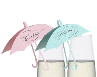 Umbrella Place Cards - wine glass, escort card, pink blue, table number, laser cut, baby shower, it's a girl, baby boy, pastel, sweet, mod