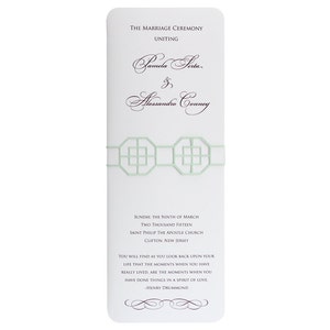 May include: A white rectangular wedding programme featuring dark purple script text reading The Marriage Ceremony Uniting Pamela Serta & Alessandro Conney, with a light green geometric lattice band wrapped horizontally around the centre of the card.