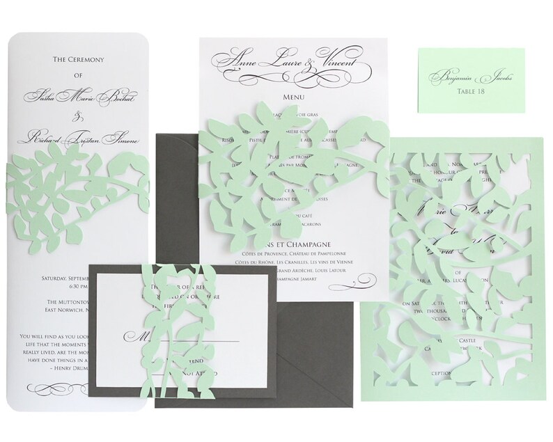 leaf lace wedding rsvp cards response invitation mint etsy