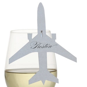 Airplane Place Cards - wine glass place card, plane escort card, pilot wedding, travel, destination, shimmer silver, jet, voyage, laser cut