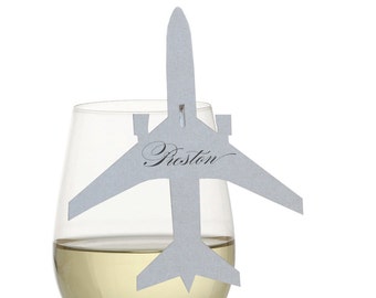 Airplane Place Cards - wine glass place card, plane escort card, pilot wedding, travel, destination, shimmer silver, jet, voyage, laser cut