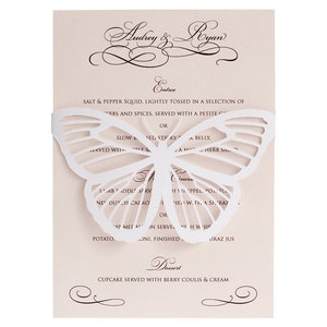 Karty menu motyli - wesele, rumieniec, carte du jour, lista win, jedzenie, apartament motyli, ręcznie robiony, cięcie laserowe, cięcie laserowe na wesele, biel