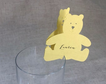 Teddy Bear Place Cards on a wine glass