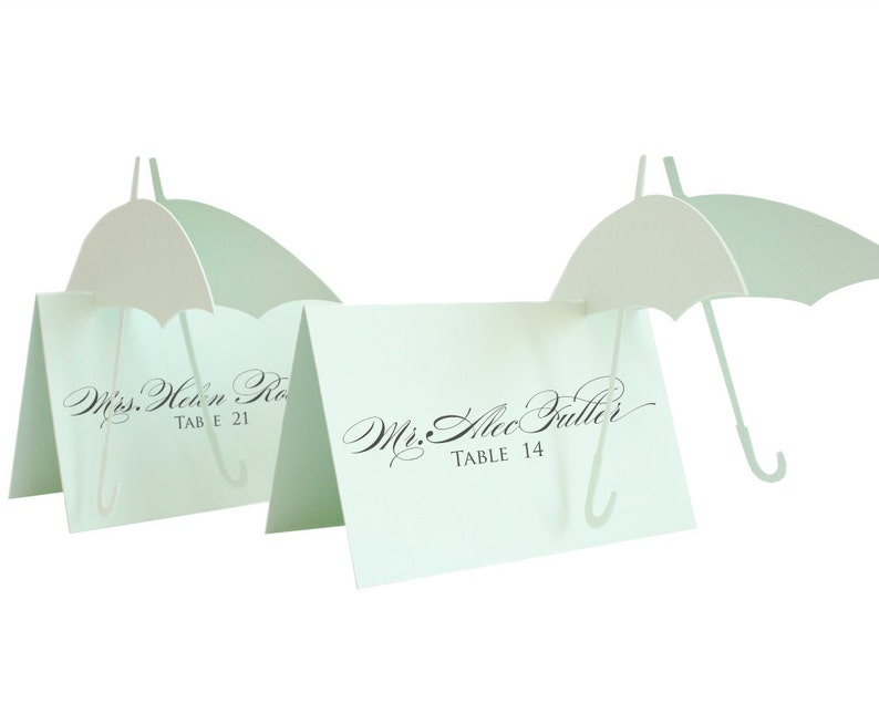 Umbrella Escort Cards wedding place card, baby shower, rain, gender neutral, cute, sweet, adorable, mint green, aquamarine, mint wedding image 2
