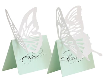 Butterfly Escort Cards - mint, white, place card, wedding, marriage, lasercut, green, caligraphy, table number, reception, bride, spring