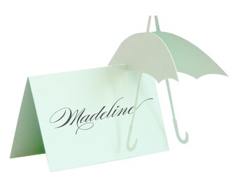 Umbrella Escort Cards - wedding place card, baby shower, rain, gender neutral, cute, sweet, adorable, mint green, aquamarine, mint wedding