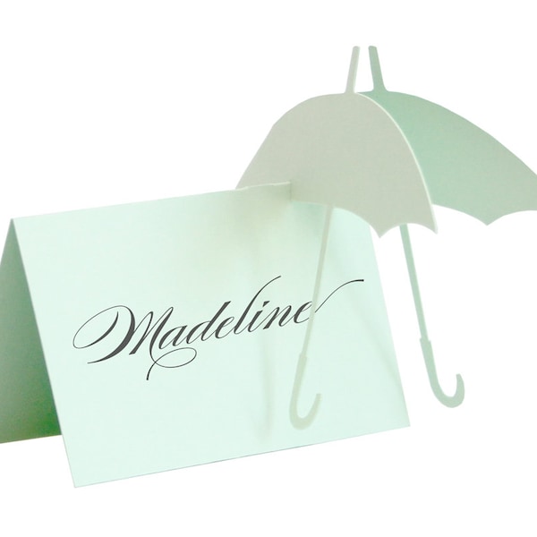 Tarjetas de acompañante con paraguas: tarjeta de lugar para bodas, baby shower, lluvia, género neutro, lindo, dulce, adorable, verde menta, aguamarina, boda menta