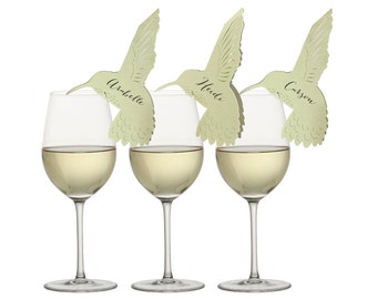 Hummingbird Place Cards - bird wine glass, calligraphy names, printed, spring, summer, charm, wedding, escort card, table number, sage green