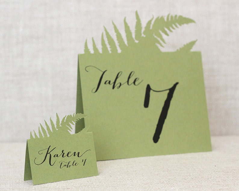 Fern Escort Cards place card, table number, wedding, woodland, nature, natural, outdoor, forrest, rustic, summer, spring, green moss image 3