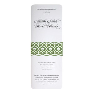 May include: A white wedding ceremony program with green Celtic knot design. The program announces the marriage of Natalie Adele and Robert Brooks, taking place on Saturday, March 5th, 2016 at First Baptist Church in Mobile, Alabama.