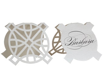 Circle Durance Escort Cards - shimmer silver, wedding place card, marriage, table number, reception, printed names, pearl shimmer, laser cut