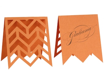 Arrows Escort Cards - orange, tangerine, poppy, papaya, wedding, marriage, herringbone table number, reception, name tag, zig zag, laser cut