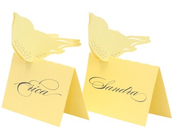 Love Bird Escort Cards - place card, table number, golden, pastel yellow, sunshine, laser cut, calligraphy, handmade, gray