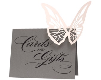 Butterfly Cards and Gifts Sign - wedding signage, slate gray, blush pink, presents, reception sign, table sign, lasercut, calligraphy, cute