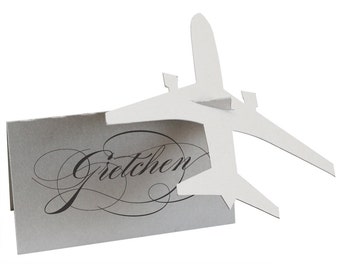 Airplane Escort Cards - shimmer silver, plane place card, pilot wedding, voyage, travel wedding, bridal shower, airforce, jet, military