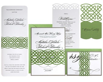 Celtic Knot Wedding Invitations - clover green, gravel gray, wedding invites, unending knot, irish, celt, ireland