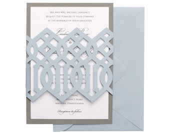 Imperial Trellis Wedding Invitations - blue, neutral, silver, hollywood regency, graphic, geometric, ultra modern, glam invites, bat mitzvah