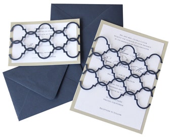 Moroccan Wedding Invitations - Bohemian, navy blue, pattern, lasercut, Indian, India, trellis, saris, henna, elegant, formal, ethnic