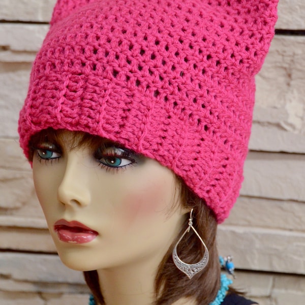 READY TO SHIP | Pink Pussy Crochet Hat | Pussy Cat Hat | Kitty Hat | Woman's Rights Hat | Pussy Hat Project | Crochet Cat Beanie