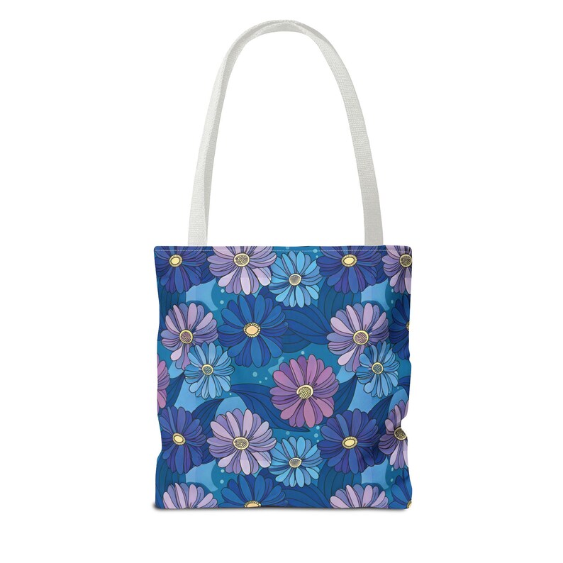 Purple Floral Design with Blue Stripe Trim Tote Bag