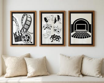 Home Theater Wall Art | 9-Black and White digital prints | Instant Download