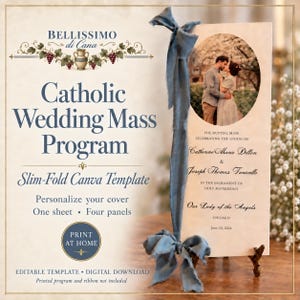 May include: A slim-fold Catholic wedding mass program template featuring the text Bellissimo di Cana, Catholic Wedding Mass Program, Slim-Fold Canva Template, and Print at Home. The program includes an oval photo of a couple and text details.