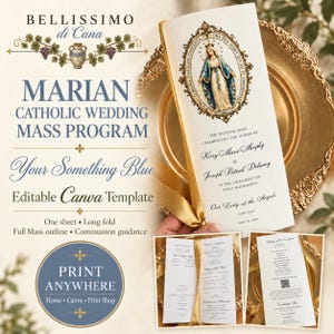 May include: A white Marian Catholic wedding mass program template featuring an oval illustration of the Virgin Mary in a gold frame. The text includes the names Kerry Marie Murphy and Joseph Patrick Delaney, with details for a nuptial mass in Chicago.