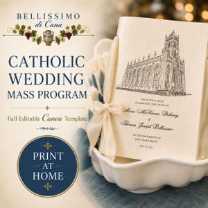 May include: A cream-colored Catholic wedding mass program booklet featuring a black line drawing of a church, tied with a cream ribbon. The text reads: BELLISSIMO di Cana, CATHOLIC WEDDING MASS PROGRAM, Full Editable Canva Template, PRINT AT HOME.