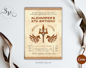 May include: A tan birthday invitation with a Greek theme. The invitation features a trident, winged horses, and text that reads "Alexander's 5th Birthday." The design includes decorative borders and the text "By the order of Zeus."