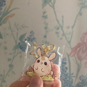 Peut inclure: Un porte-clés en plastique transparent avec un lapin de dessin animé avec une fleur sur la tête, assis dans l'herbe. Le lapin est blanc avec des accents roses et des yeux noirs. Le porte-clés a un fermoir doré.