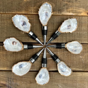 Oyster Shell Wine Stopper – Handcrafted Coastal Bottle Stopper with Gold Trim – Beach House Hostess Gift