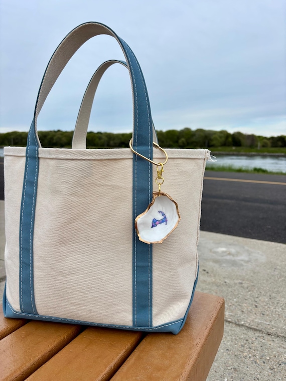 Cape Cod Hydrangea Oyster Shell Bag Purse Charm with Gold Accent – Handmade Keychain Charm Accessory Boat Tote