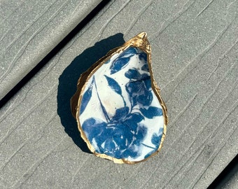 Decoupage Oyster Shell Ring Dish: Blue Floral Coastal Decor