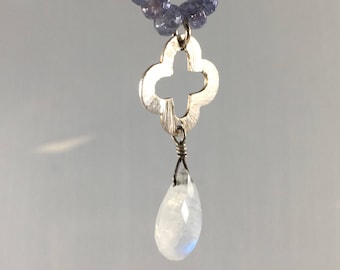 Tanzanite Necklace with Moonstone drop pendant, Silver Quatrefoil