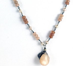 Peach Moonstone, Sunstone and Pearl Necklace with Moonstone Teardrop Pantone Color of the Year!