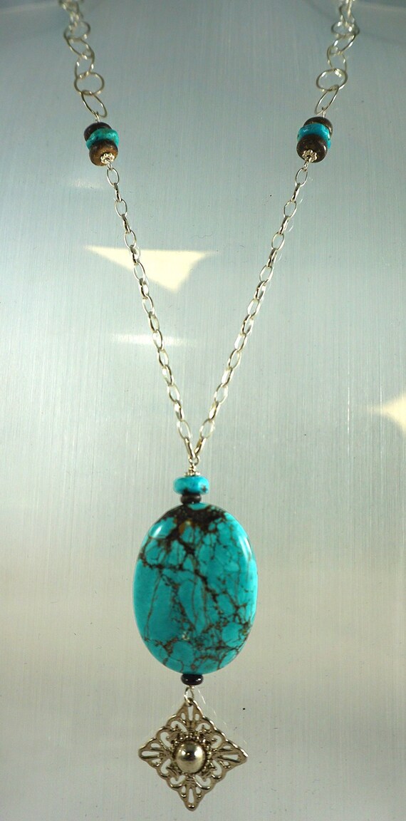 Large Turquoise Pendant Necklace With Wood Accents - Large Turquoise Pendant Necklace Large Turquoise Pendant Necklace With Wood Accents - Large Turquoise Pendant Necklace