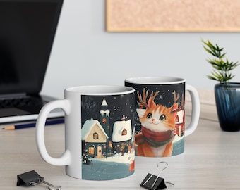 Festive Cat Holiday Mug - 11oz Ceramic Mug, Christmas Mug, Holiday Mug, Cat Lovers, Winter Decor, Festive Mug, Coffee Mug, Christmas Gift