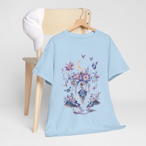 Whimsical Moonlit Floral T-Shirt - Soft Blue Unisex Tee with Enchanted Butterflies and Blossoms, Fairycore, Floral T Shirt, Botanical Shirt