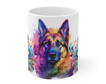 Vibrant German Shepherd 11oz Ceramic Mug - Colorful Watercolor Dog Art, Gift for Her, Gift for Him, Pet Memorial, German Shepherd Mug