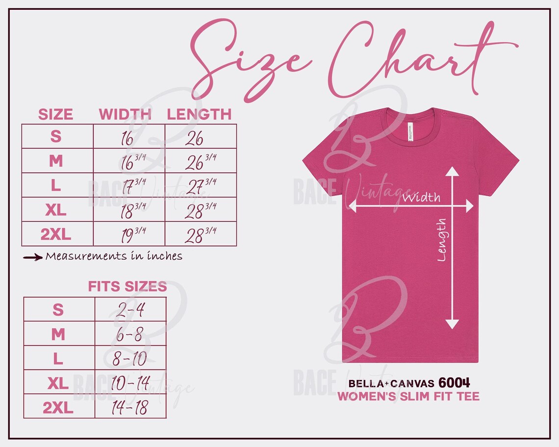 Bella Canvas 6004 Size Chart, Woman's Favorite Tee Size Chart, BC 6004