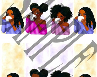 Black girls with cup - Printed and laminated bookmarks, or background pastel bookmarks - Book lovers, book readers