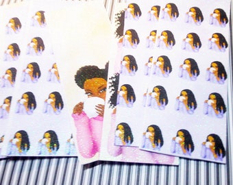 Afro American Girl with cup Bookmark- Handmade printed Bookmark- Cute bookmarks -Glitter bookmark