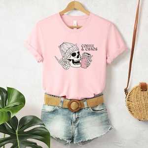 Coffee and Chaos Shirt - Cute Skull Graphic Tee - Funny Coffee Lover T-Shirt - Womens Coffee Tee - Halloween Skeleton Shirt