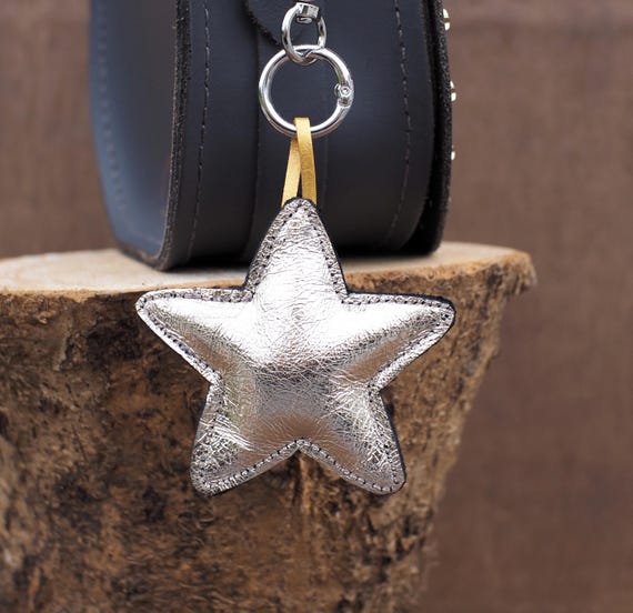 Shiny Star Leather Bag Charm - Silver Gold Metallic Key Chain Pendant - Handmade Handbag Purse Tassel - Cute Backpack Decor - Gift for Her