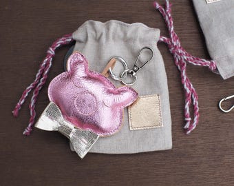 Cute Piggy Leather Charm - Pig with Bow Tie Key Chain - Shiny metallic Leather Handbag and Purse Pendant -  Handmade Ireland Gift for Her