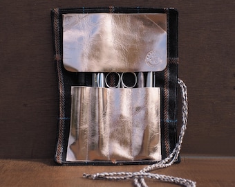 Truffle brown Tweed & Italian metallic Leather Roll Up Pencil Case - Rolled Pouch - Shiny Pen Pouch - Leather Roll Wrap Case - Irish Gift