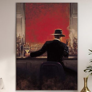 Gentleman in Bar Oil Painting, Whiskey Old School Painting, Mafia in Suit Paint, Man with Felt Hat, Living Room Wall Art, Style Oil Painting